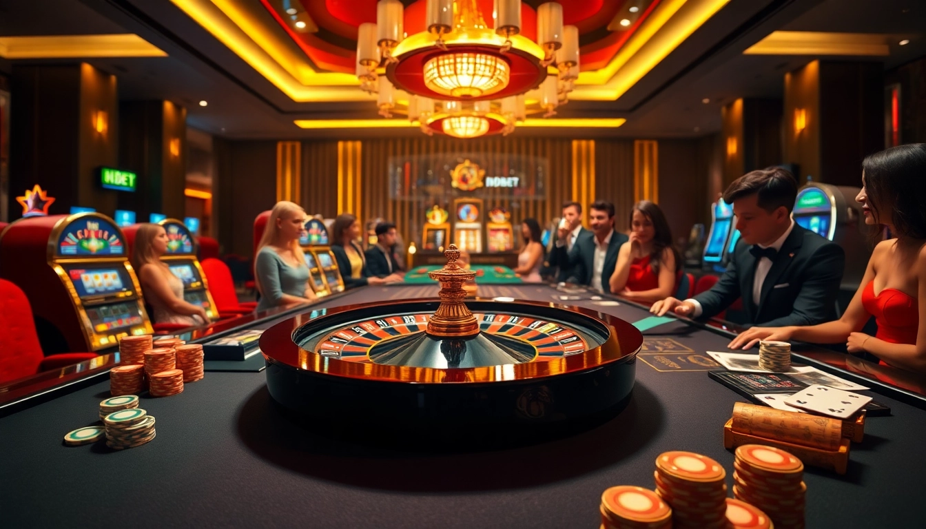 Players engaged in an exciting roulette game at HDBET casino, highlighting vibrant chips and a glimmering table.