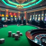 Players enjoying intense poker action at a pahala4d casino table filled with chips and excitement.