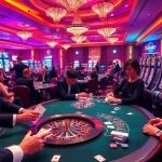 Rikvip players enjoying a lively poker game at a luxurious casino table, showcasing excitement and strategy.