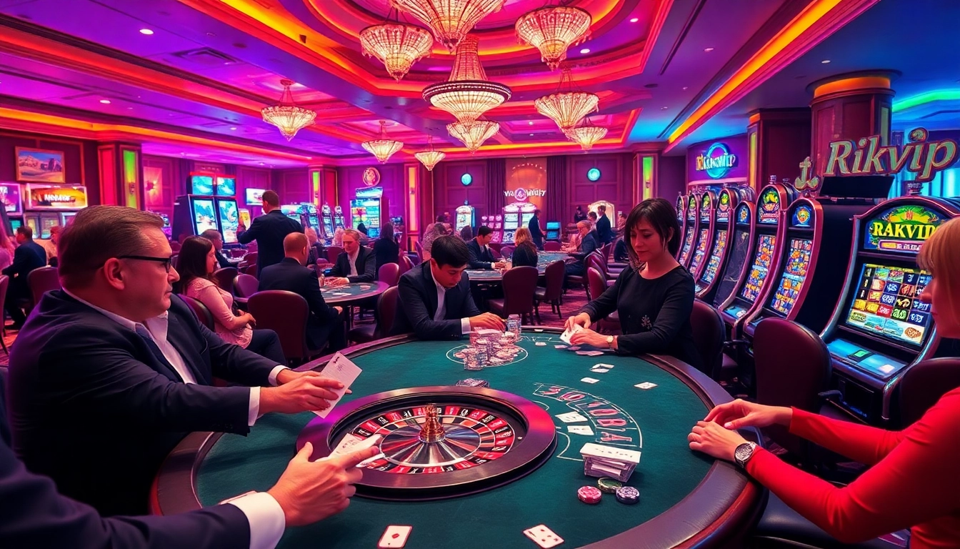 Rikvip players enjoying a lively poker game at a luxurious casino table, showcasing excitement and strategy.