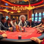 Exciting casino experience at RR88 with poker players and a roulette wheel.