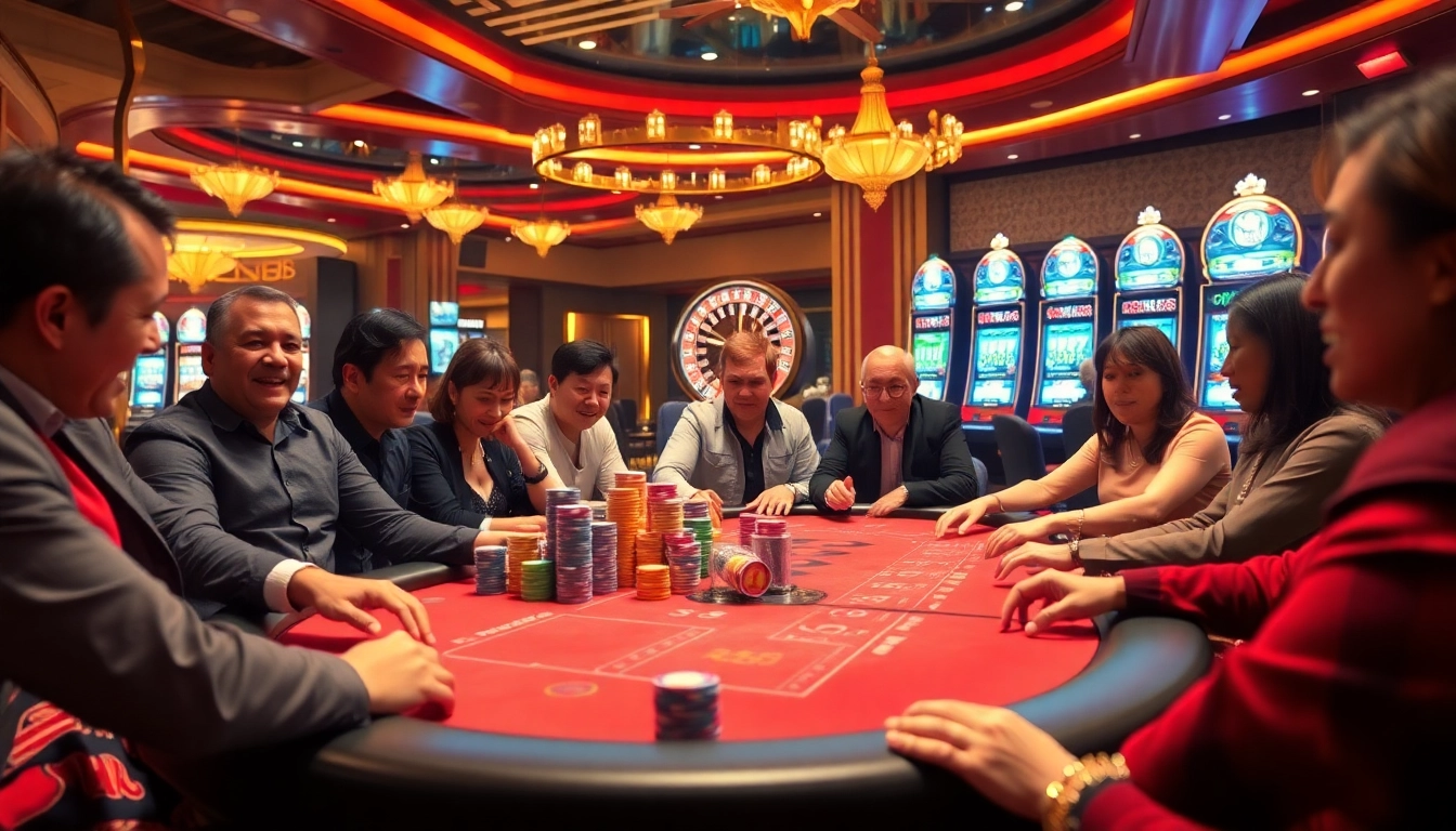 Exciting casino experience at RR88 with poker players and a roulette wheel.