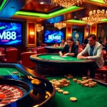 BEM88 casino players strategizing at vibrant poker tables, showcasing excitement and luxury.