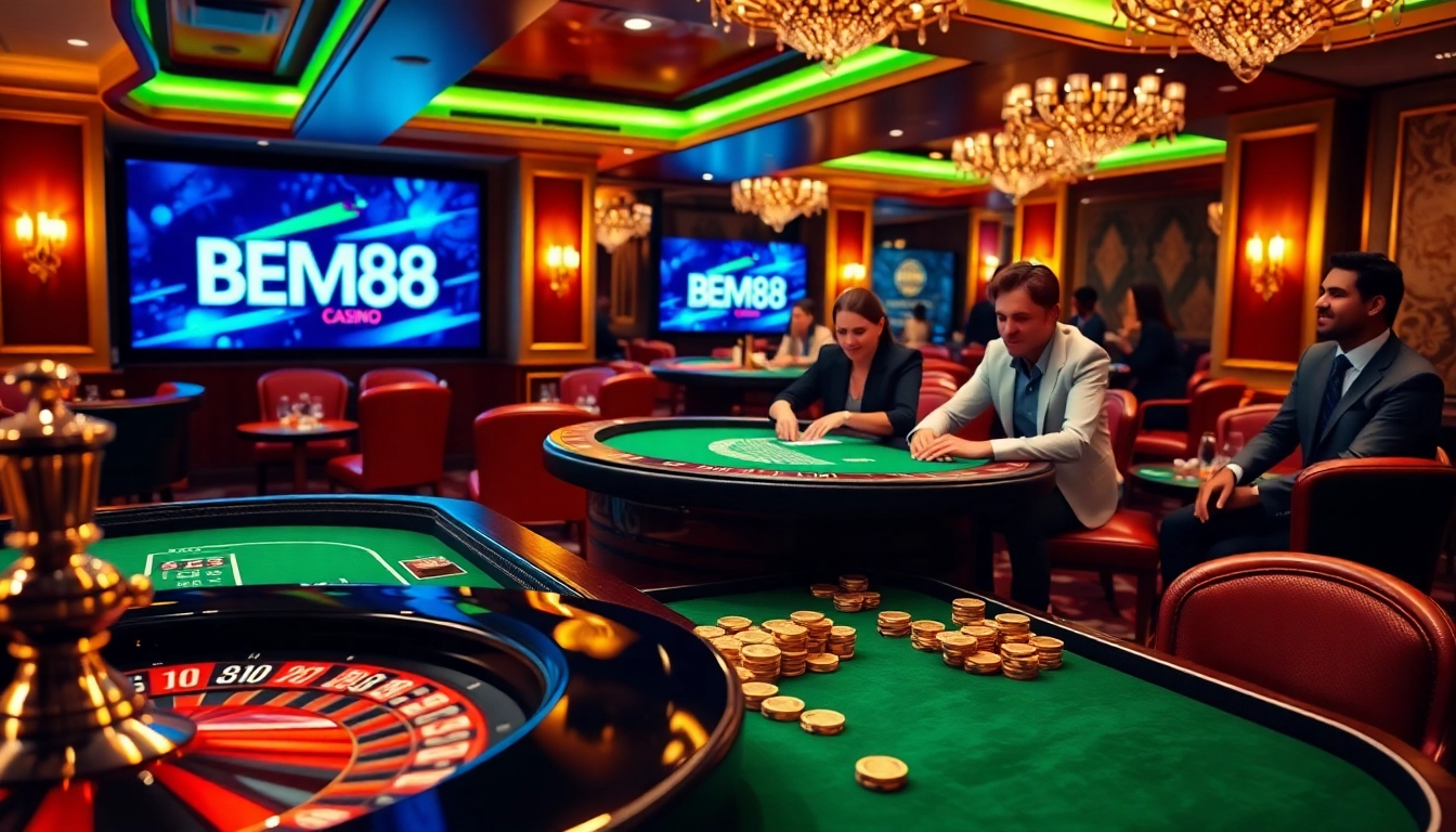 BEM88 casino players strategizing at vibrant poker tables, showcasing excitement and luxury.