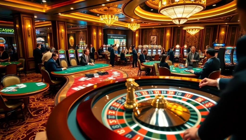 Experience the thrill of SODO CASINO with players enjoying poker and vibrant slot machines in a luxurious setting.