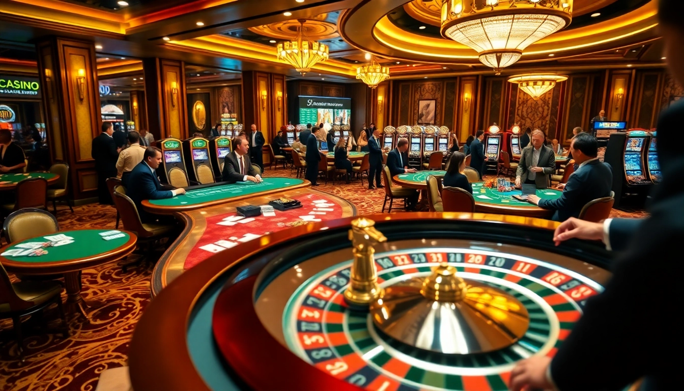Experience the thrill of SODO CASINO with players enjoying poker and vibrant slot machines in a luxurious setting.