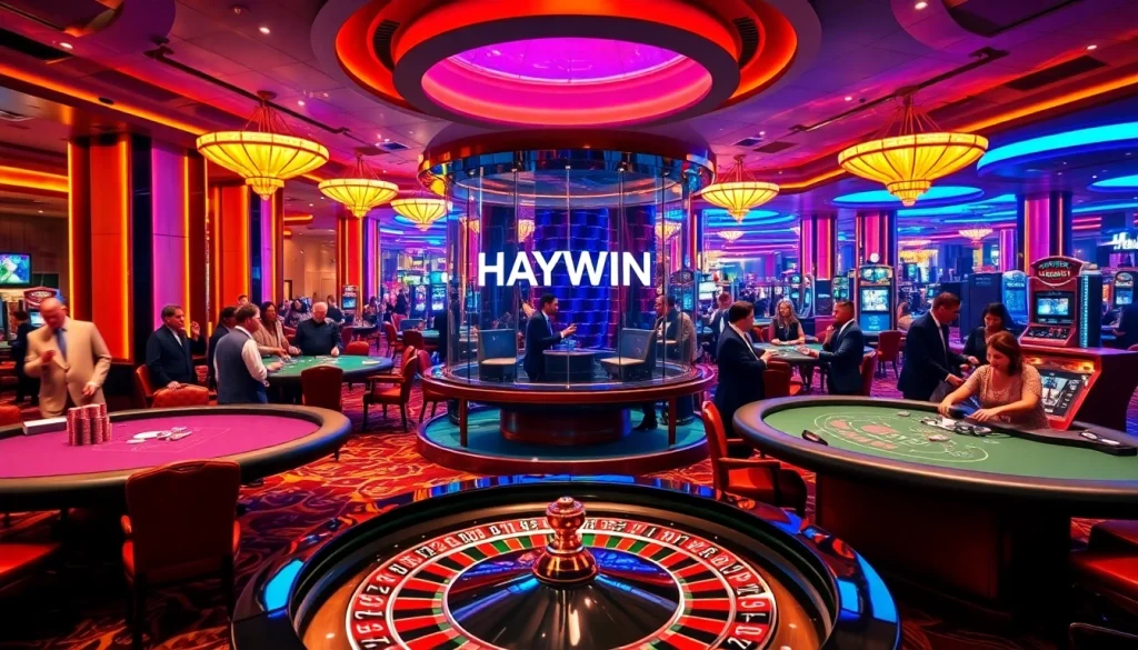 Exciting scene at HAYWIN casino with players at poker and roulette tables.