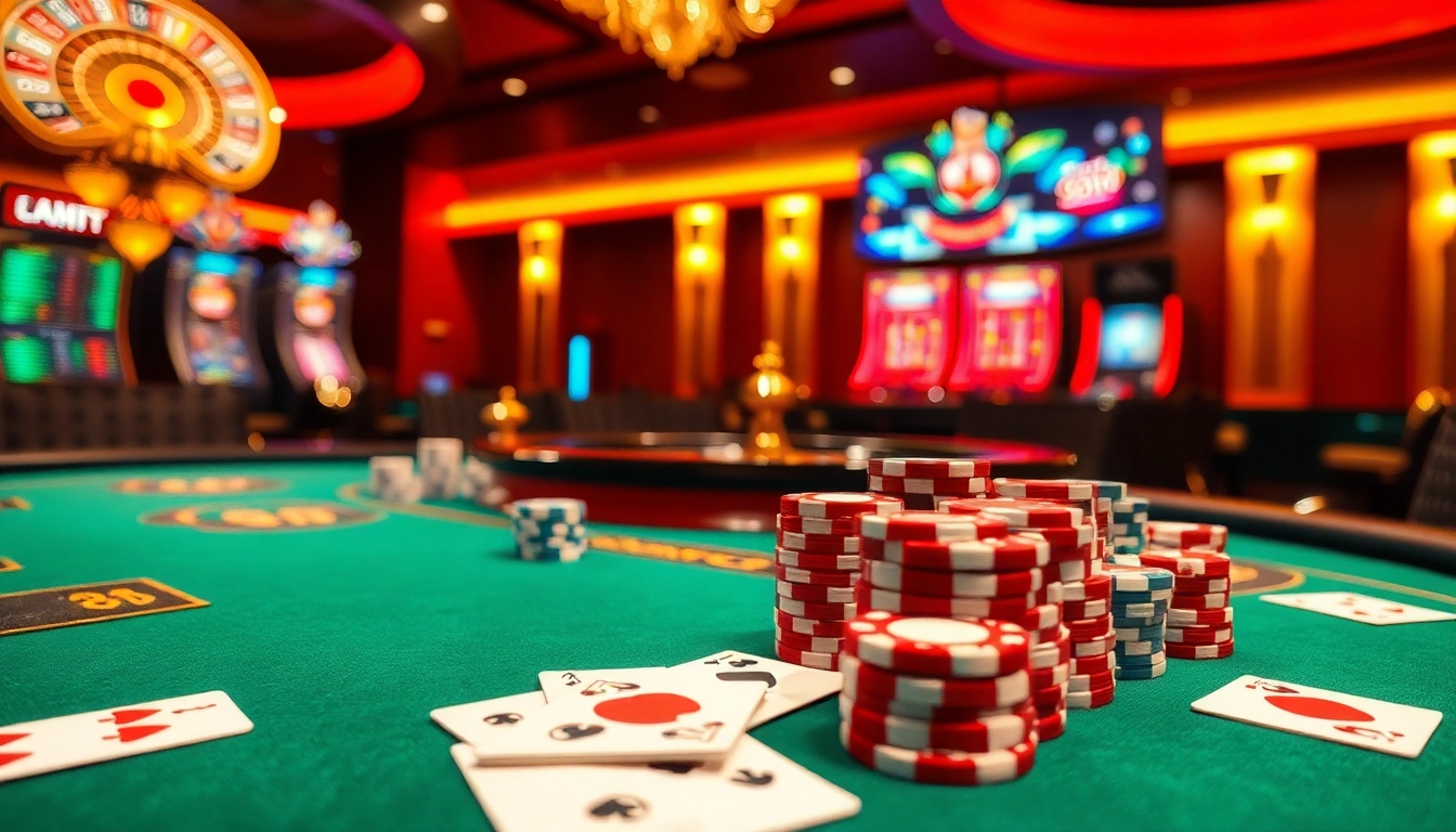 Exciting poker game at j88 com with vibrant chips and a charismatic dealer in a luxurious setting.