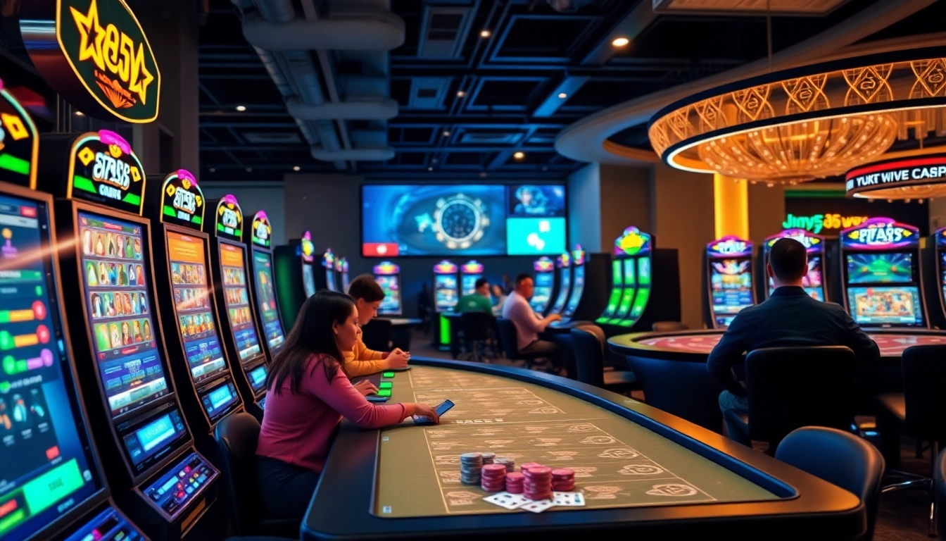 Live gaming experience at 5V5V online betting platform, featuring colorful digital slot machines and enthusiastic players.