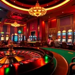 Exciting gamers at a j88-themed casino, enjoying roulette, poker, and slot machines under bright lights.