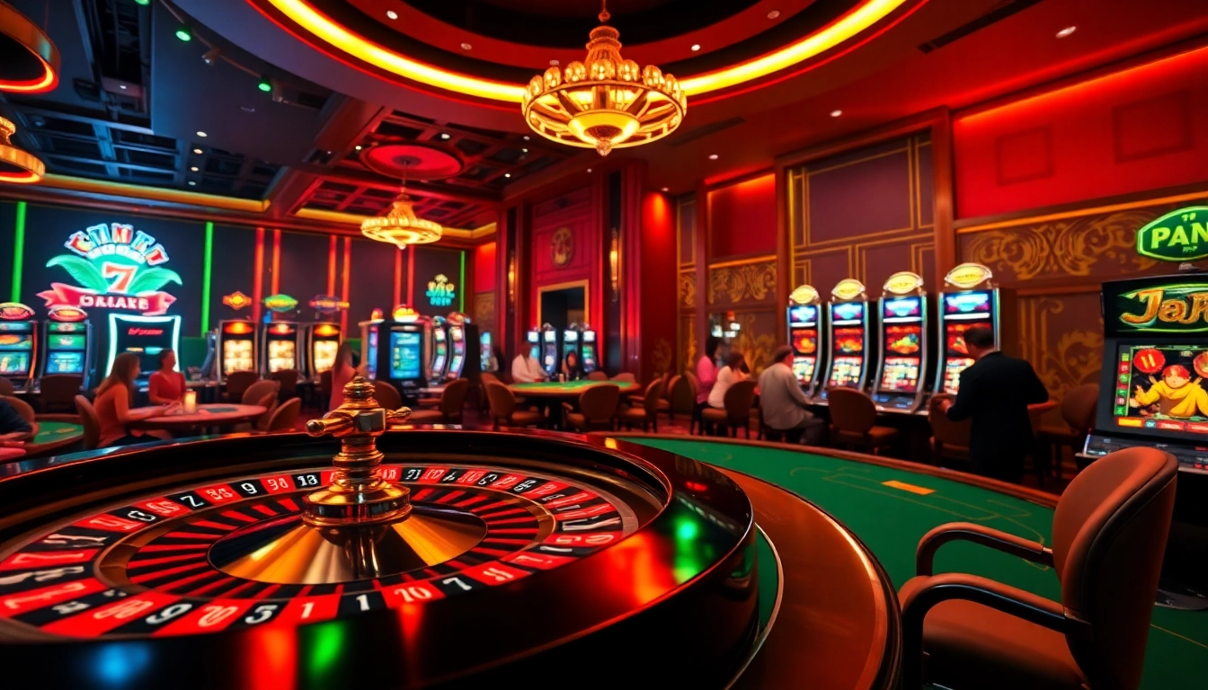 Exciting gamers at a j88-themed casino, enjoying roulette, poker, and slot machines under bright lights.