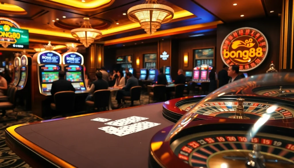 Bong88's vibrant casino scene featuring tables, cards, and slot machines, embodying excitement and professionalism.