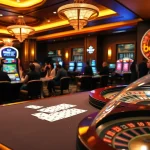 Bong88's vibrant casino scene featuring tables, cards, and slot machines, embodying excitement and professionalism.