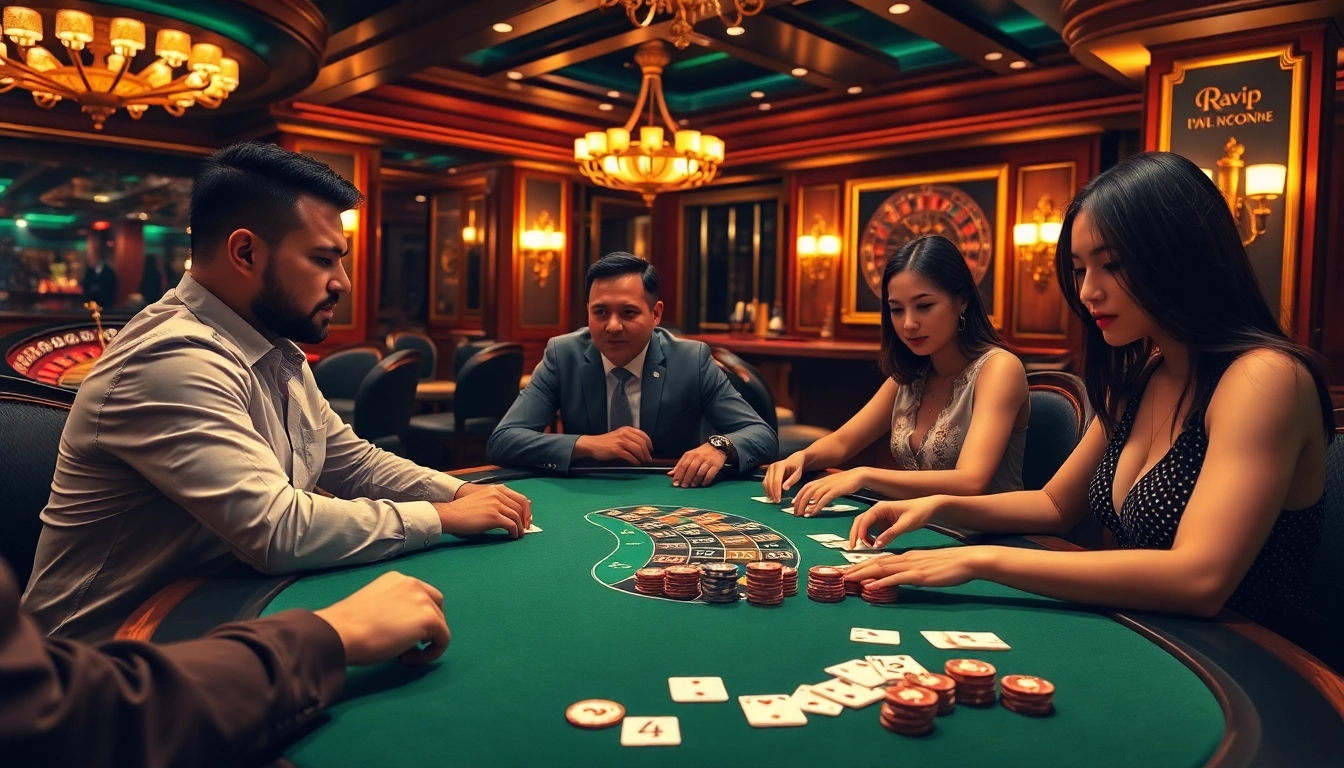 Exciting poker game at Rikvip casino table showcasing intense gameplay and luxury.