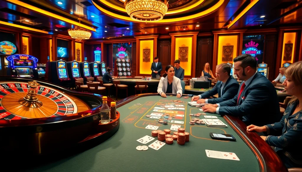 Exciting poker game scene at https://789win.ru.com/ with luxury tables and vibrant roulette wheel.