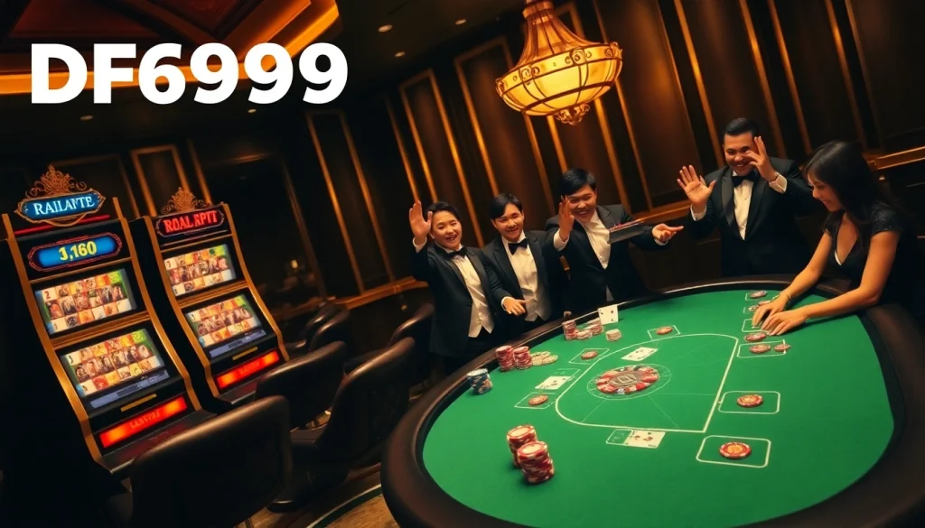 DF999's vibrant casino scene showcasing poker, roulette, and slot machines for an immersive gambling experience.