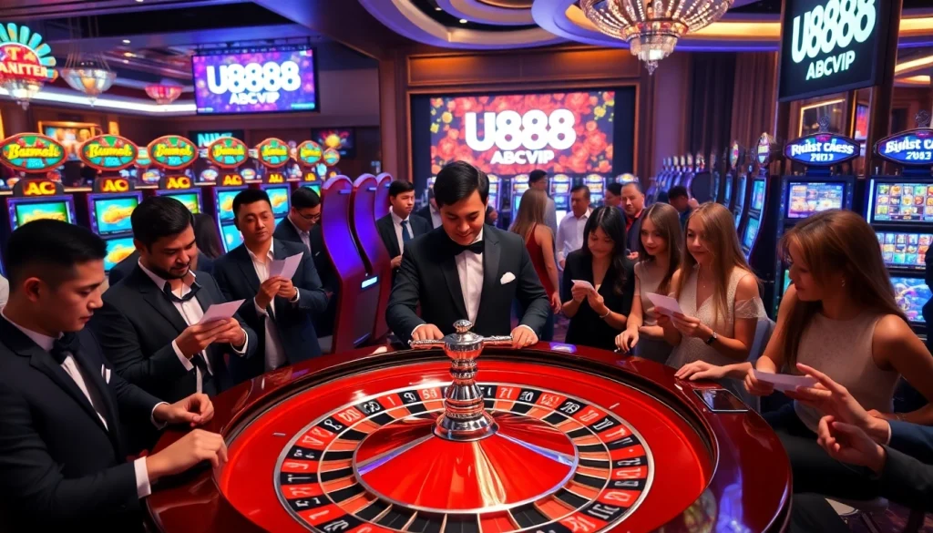 Engaged players experience excitement at a luxurious casino with U888 ABCVIP logo.