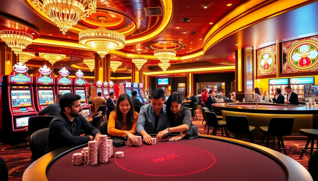 Engaged players at the NK88 casino table, showcasing vibrant chips and excitement.