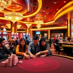 Engaged players at the NK88 casino table, showcasing vibrant chips and excitement.