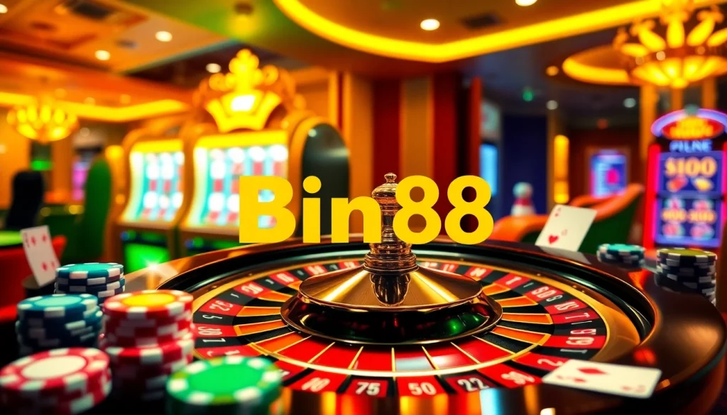Experience thrilling gaming action at Bin88 with vibrant casino tables and dynamic slot machines.