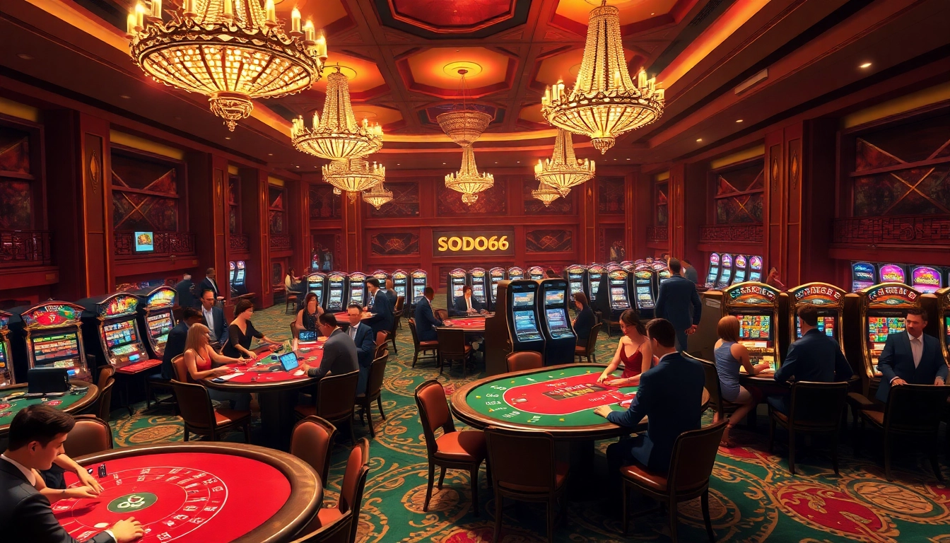 SODO66 casino scene with elegant gamblers playing blackjack and roulette, showcasing luxury.