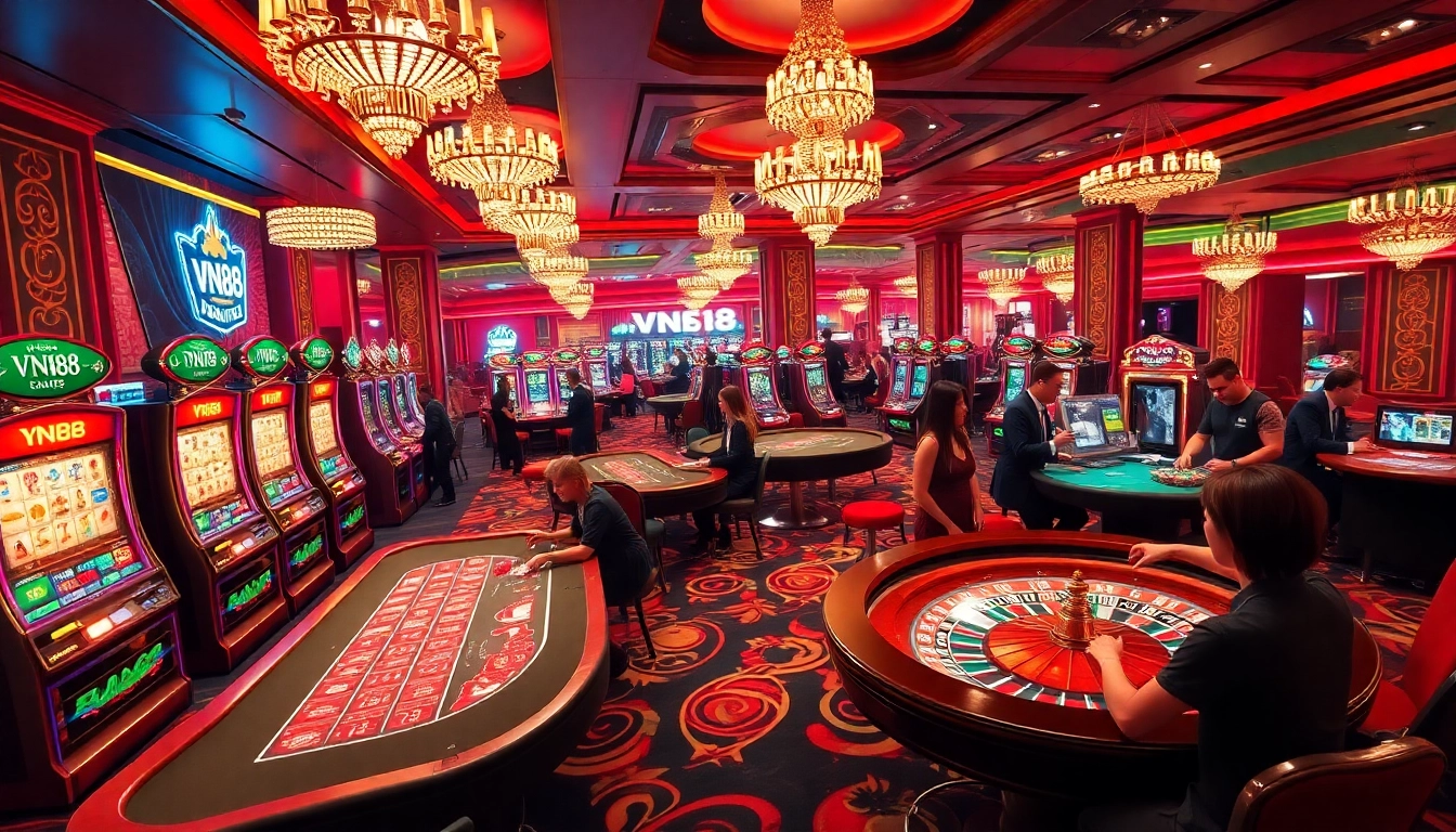 Players enjoying thrilling games at the VN88 casino, featuring vibrant tables and exciting slots.