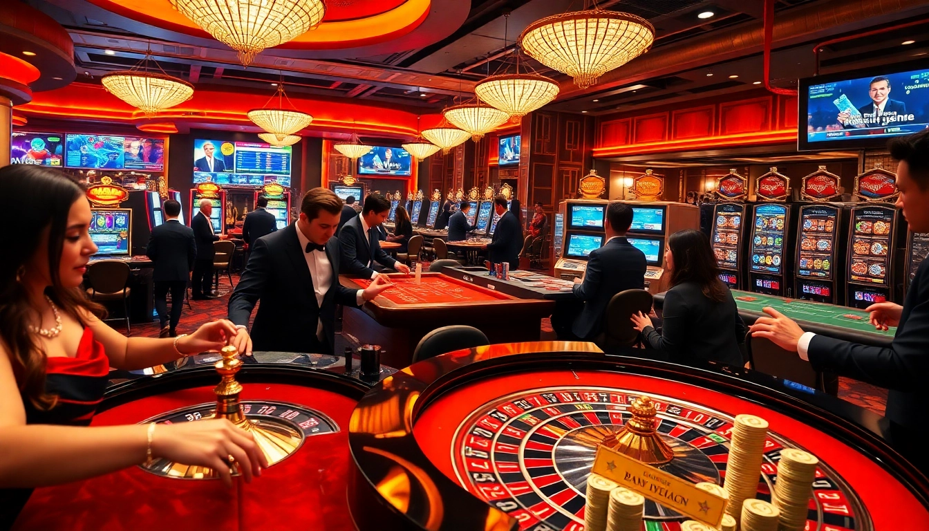 Bay789 players actively engaging at a vibrant casino table featuring roulette and poker games.
