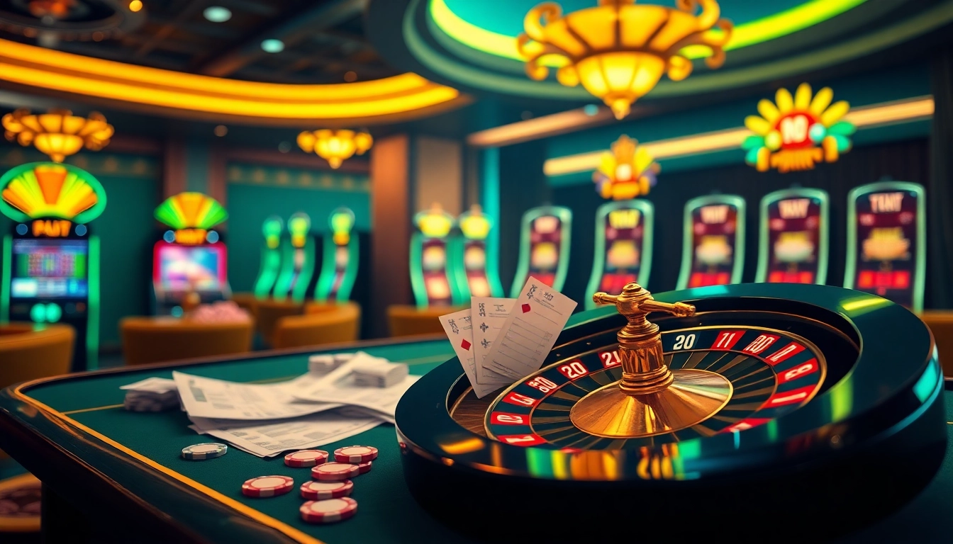 Engaging Lô đề trực tuyến betting scene with digital tickets, vibrant roulette wheels, and casino tables.