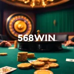 Experience the thrill of a high-stakes poker game featuring 58WIN, with vibrant casino elements.