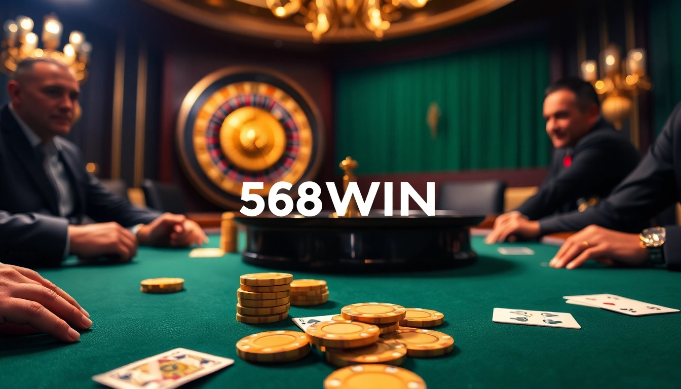 Experience the thrill of a high-stakes poker game featuring 58WIN, with vibrant casino elements.