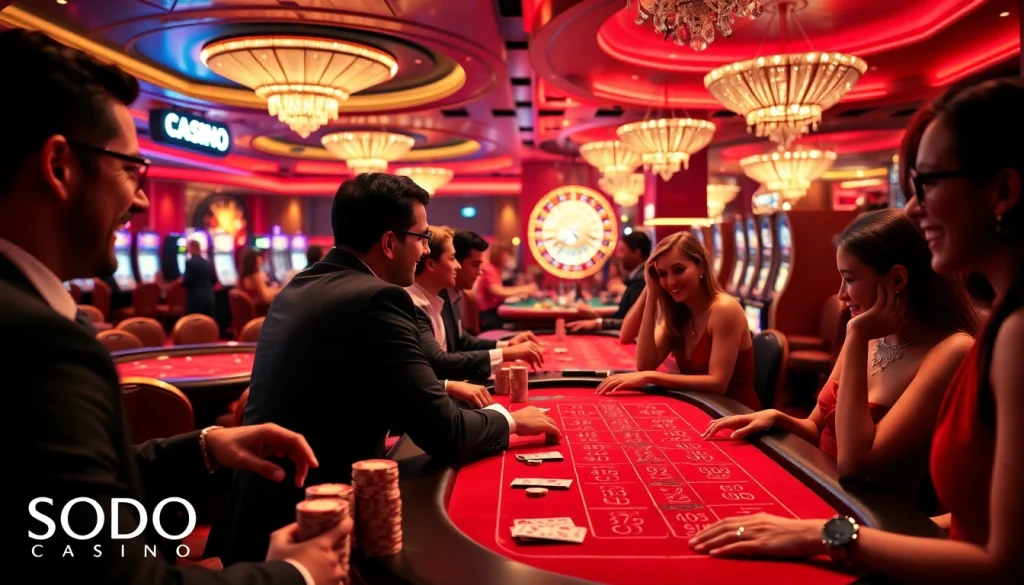 SODO CASINO features vibrant gaming tables and players enjoying poker in a luxurious casino setting.