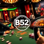 B52 Club poker table filled with focused players and vibrant chips, encapsulating excitement in casino gaming.