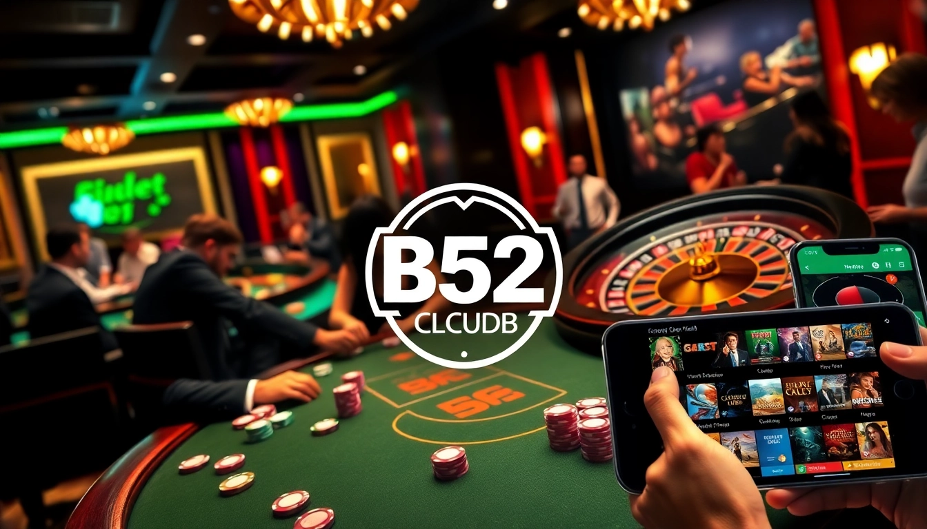 B52 Club poker table filled with focused players and vibrant chips, encapsulating excitement in casino gaming.