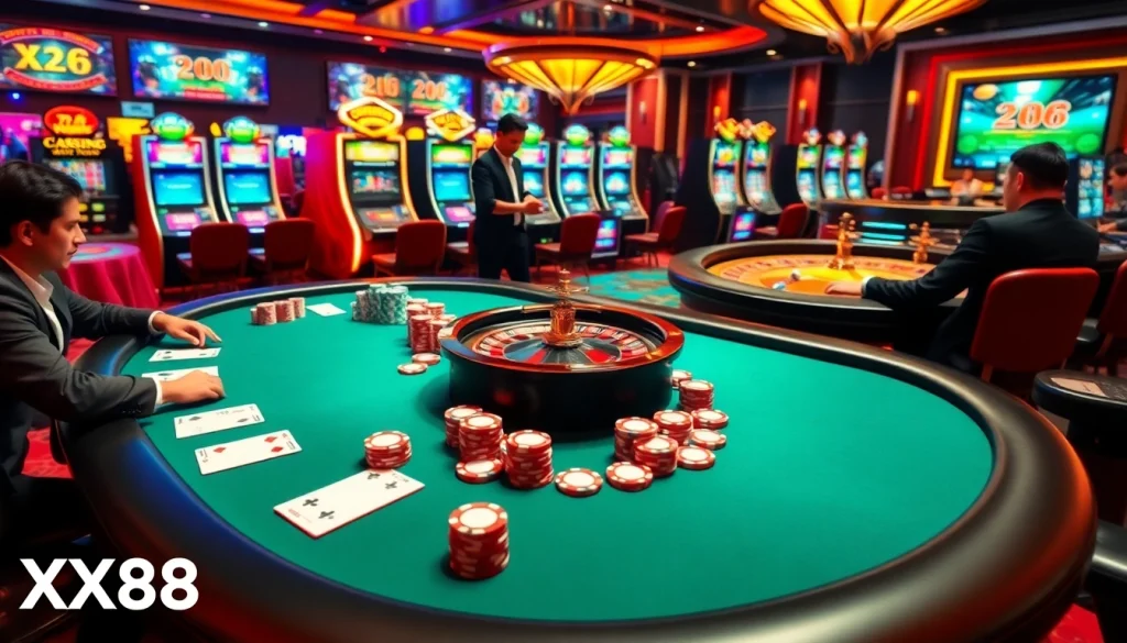 Engage in thrilling poker action at XX88 casino, showcasing vibrant chips and cards.