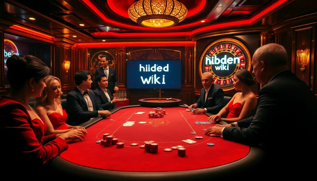 Engaging poker scene at a luxury casino showing 'hidden wiki' theme with vibrant chips and cards.