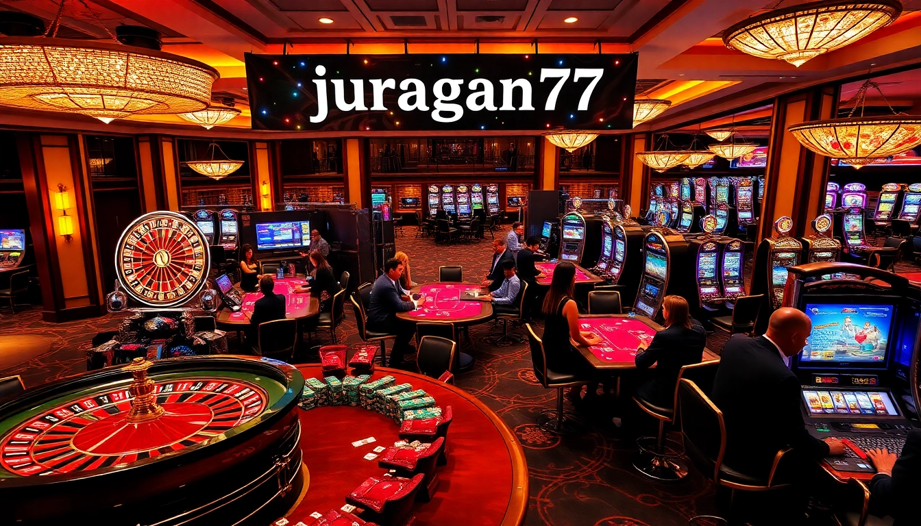 Experience the thrill of winning at juragan77 with vibrant casino tables and slot machines.