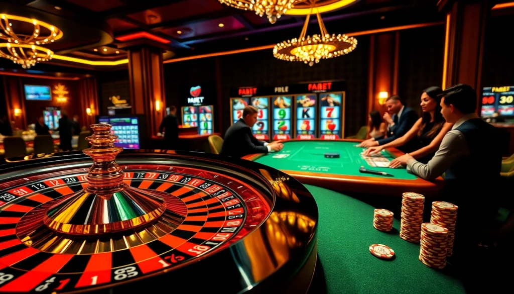 Engaging scene at FABET casino with roulette and poker action, showcasing thrilling gambling excitement.