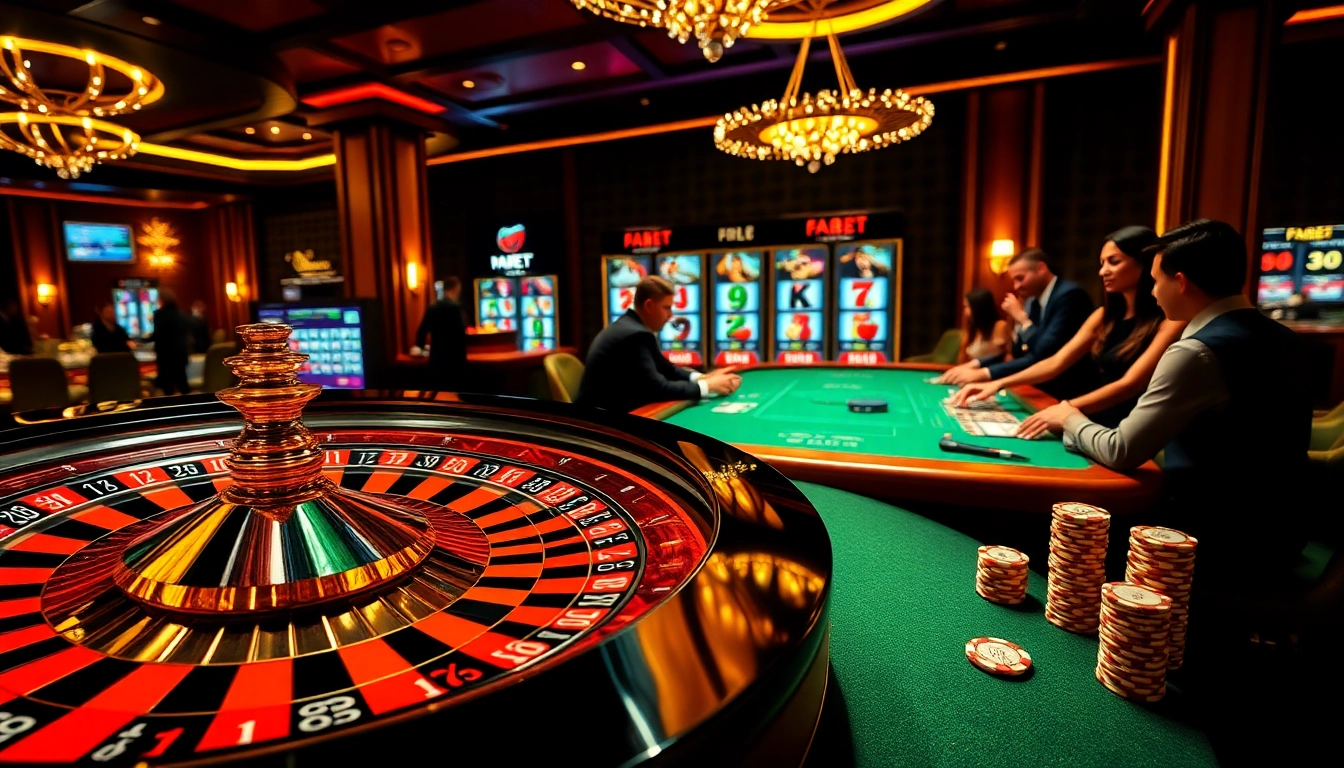 Engaging scene at FABET casino with roulette and poker action, showcasing thrilling gambling excitement.