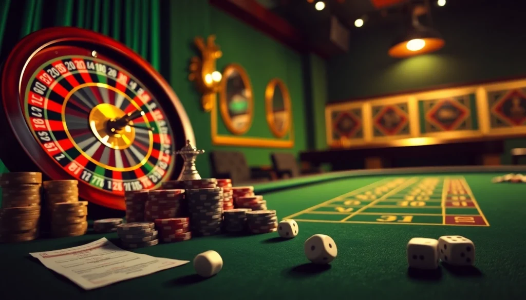 A vibrant casino scene showcasing lô đề uy tín with roulette, poker chips, and luxurious ambiance.