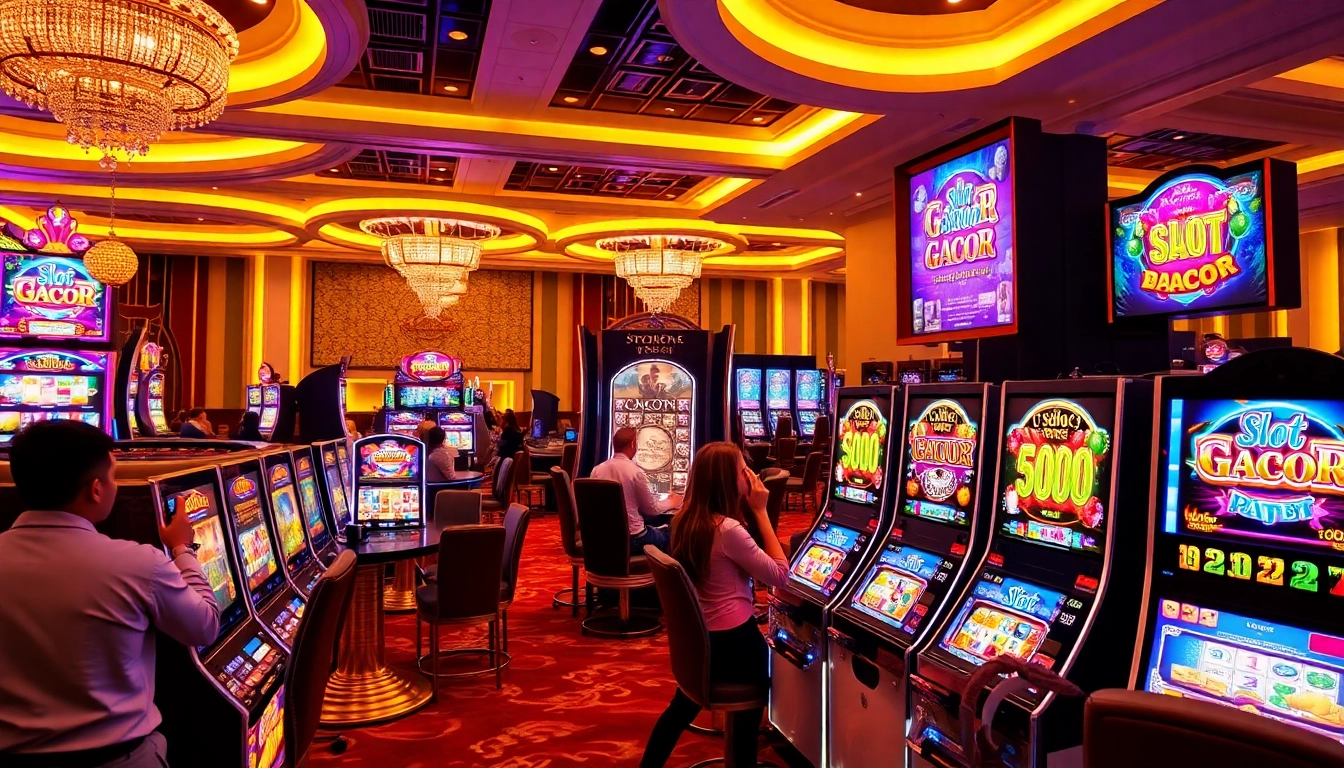 Excited players engaging with slot gacor machines in a luxurious casino setting.