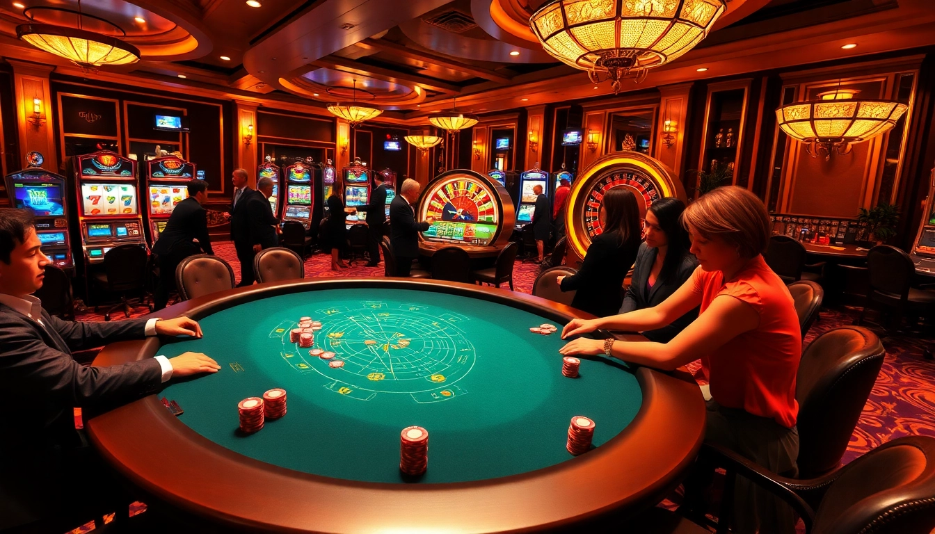 Players enjoying an intense game at the 789P casino, showcasing colorful chips and a roulette wheel.