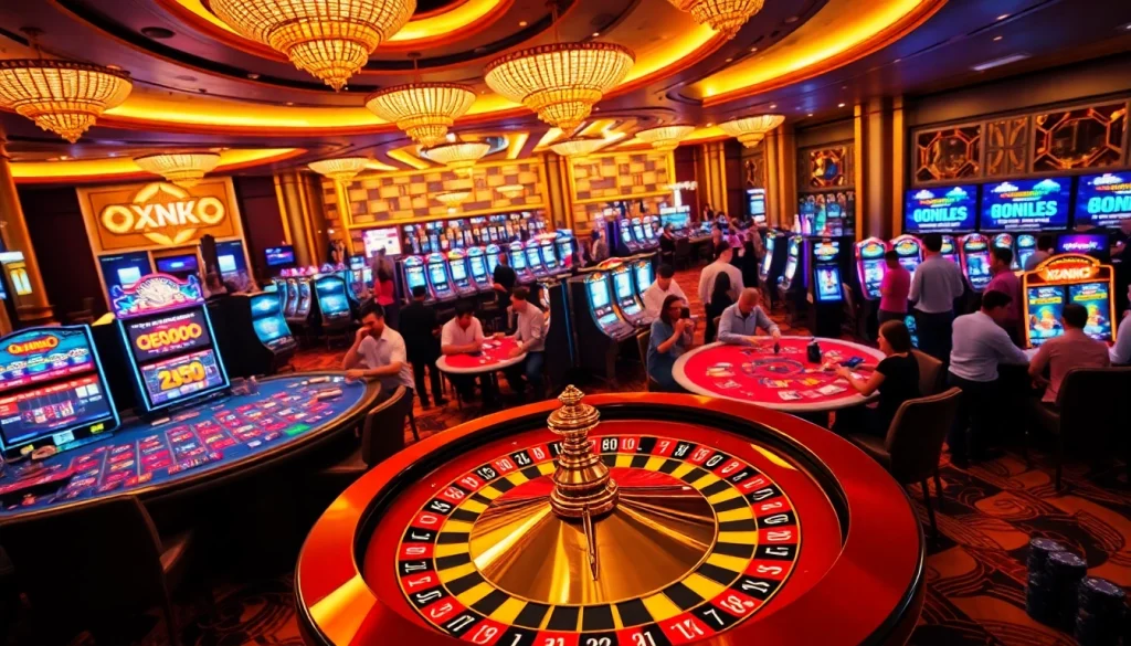 Engaged players enjoying diverse games at xn88 net, with colorful slot machines and poker chips.