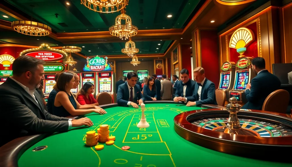 Experience the thrill of gambling at go88 gotham with players enjoying baccarat and exciting slot machines.