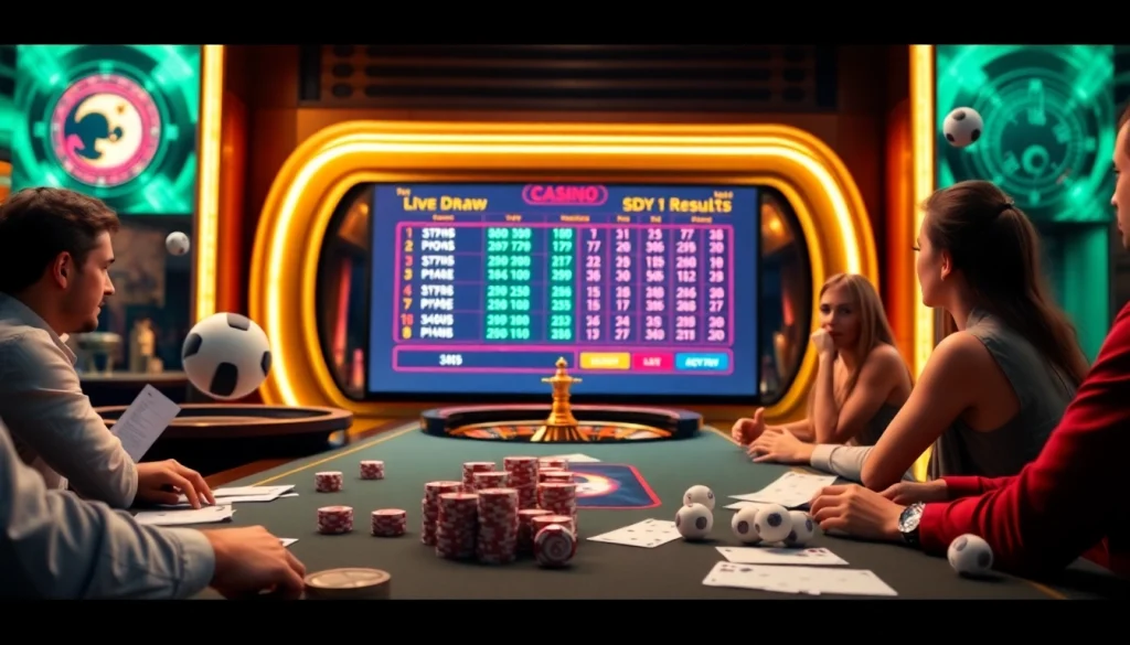 Watching live draw sdy results on a digital screen at an elegant casino table.