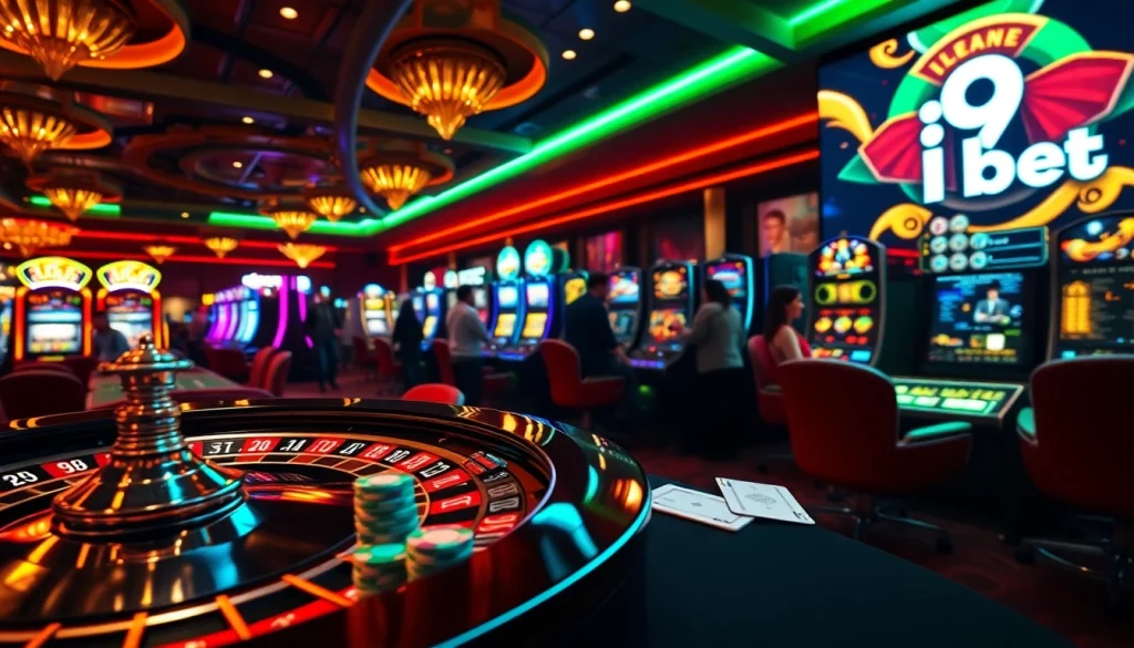 Players enjoying the excitement of i9bet at a luxurious casino table surrounded by vibrant slot machines.
