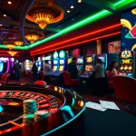 Players enjoying the excitement of i9bet at a luxurious casino table surrounded by vibrant slot machines.