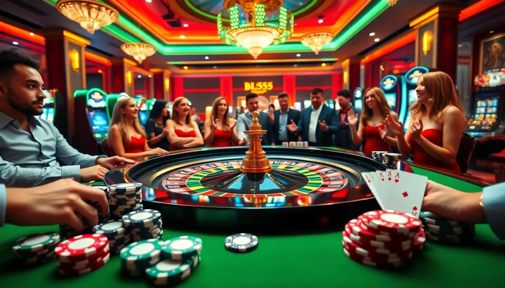 Exciting game night at bl555 casino with roulette, poker chips, and vibrant lights.