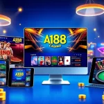A188 online casino platform showcasing diverse games on smartphones and computers with a vibrant interface.