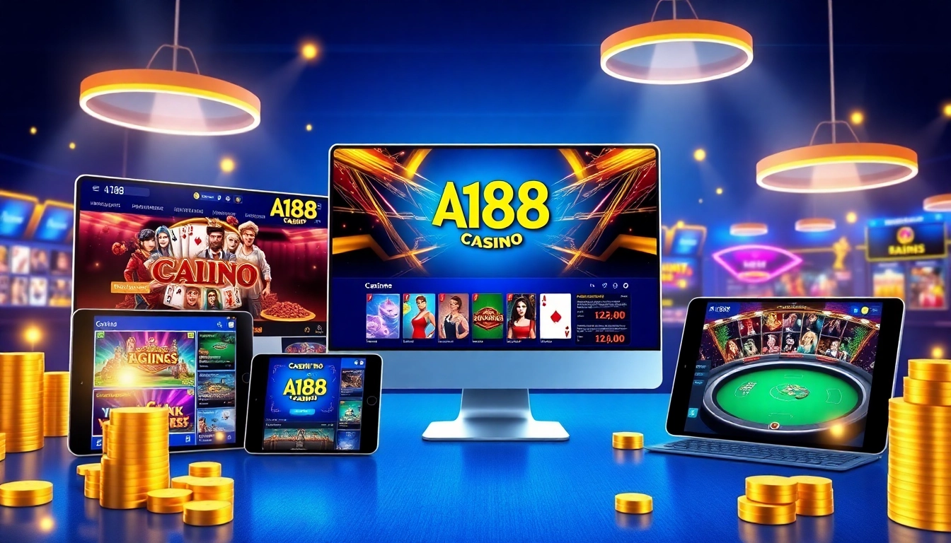 A188 online casino platform showcasing diverse games on smartphones and computers with a vibrant interface.