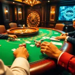 Players strategizing in a luxurious casino poker game with MB66 branded elements.